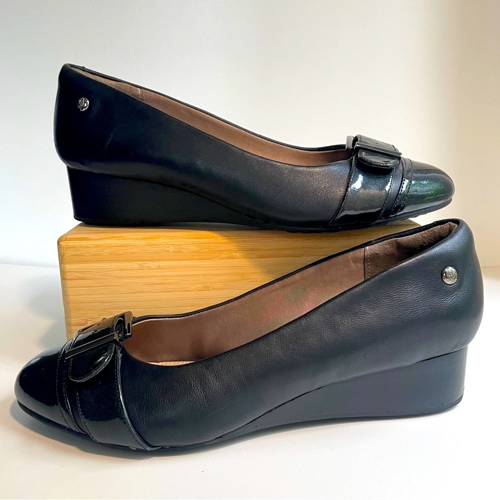Hush Puppies black leather wedge pump with silver buckle detail